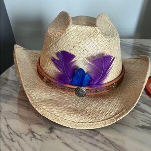 Straw Cowboy Hat with Purple Feathers